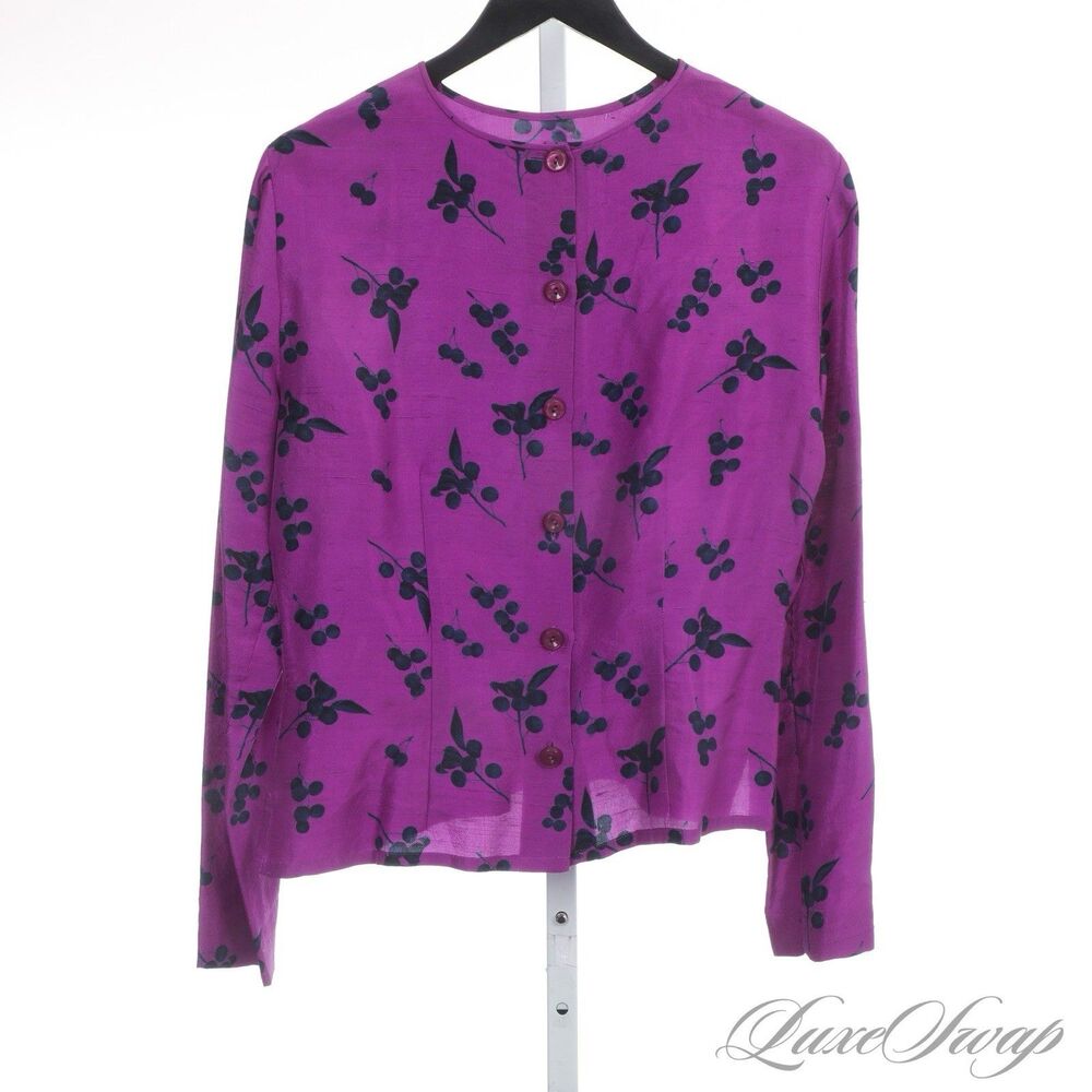 Neo Vintage Dana Buchman Amethyst Purple Pure Silk All Over Floral Shirt Size 8